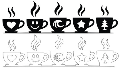 Row Of Hot Coffee Cups Silhouette And Outline With Holiday Designs
