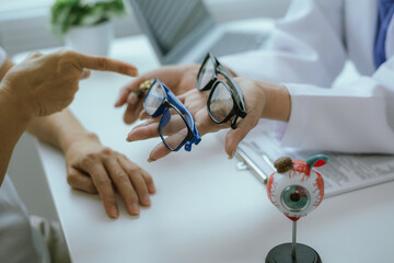 A female doctor talks to an elderly patient who is being shown a modern eye model in a hospital.