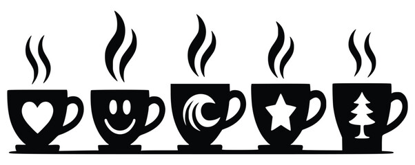 Steaming Coffee Mugs Vector Illustration With Holiday Symbols Design Template