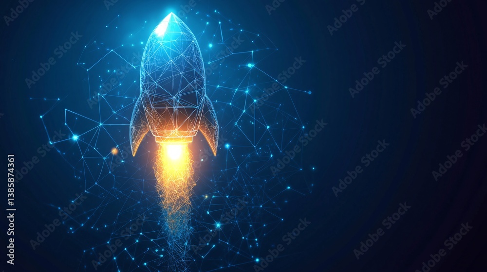 Fototapete Polygonal rocket flying up over dark blue background with network connection lines and dots