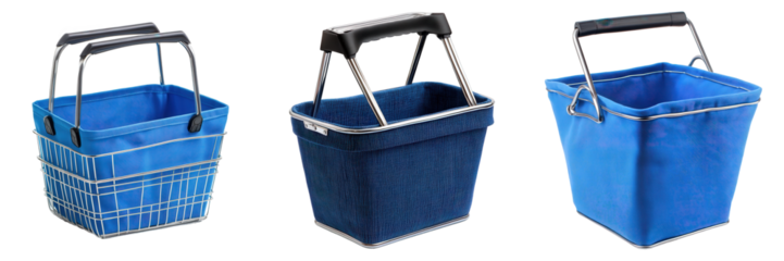 Three empty blue shopping baskets with varied designs.