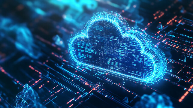An AI powered system optimizing cloud computing by analyzing real time server loads and data processing efficiency, futuristic AI-driven cloud data center, Cloud technology style