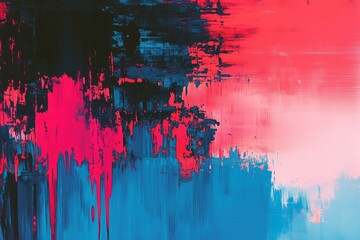 Fototapeta premium Abstract digital painting with glitch-style strokes in pink, blue, and black. Great for modern art, tech, and design.