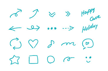 サインペン風手書きの矢印とマークのワンポイント水色セット
