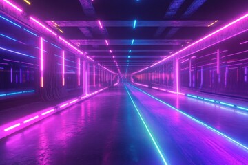 A neon lit tunnel with pink and blue lights reflecting off the floor creating a futuristic vibe
