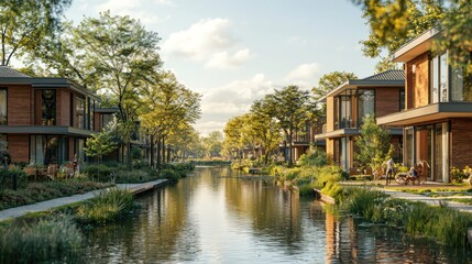 Modern canal-side houses with lush landscaping and people relaxing outdoors at sunset.