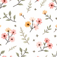 Color Spring Floral Seamless Pattern, abstract seamless pattern with flowers and branches, background graphic design print vector illustration, vintage colors