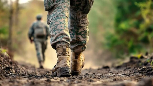 A soldier walks through a muddy trail in a forested area as part of a training exercise, showcasing determination and resilience