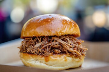 Close up shot of a delicious pulled pork sandwich on a bun with a blurry background in soft focus