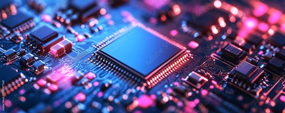 Poster modern cpu is performing complex calculations, with light glowing on the motherboard