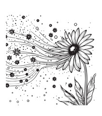 coloring book A daisy in bloom releasing a magical swirl of tiny flowers, stars, and sparkling particles