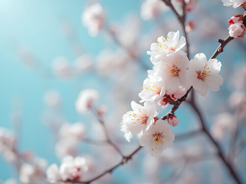 Close-Up of Pale Pink and White Almond Blossoms with Hints of Orange – Generative AI