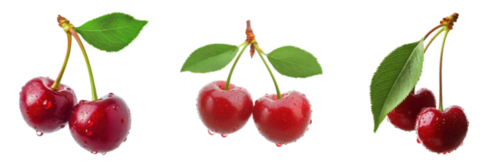 Three ripe red cherries with leaves and dewdrops.