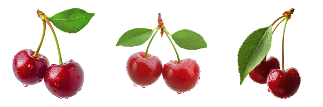 Three ripe red cherries with leaves and dewdrops.
