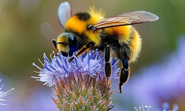 Close-up of a bumblebee collecting nectar from a purple flower in a vibrant garden setting