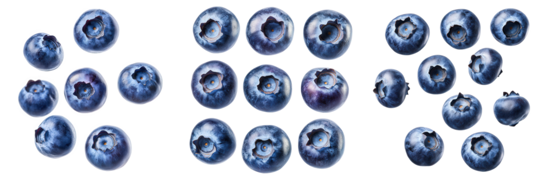Ripe blueberry triptych showcasing detailed textures and subtle variations in color.