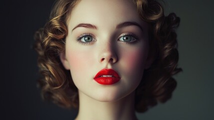 Fototapeta premium Portrait of a Young Woman with Red Lips and Curly Hair