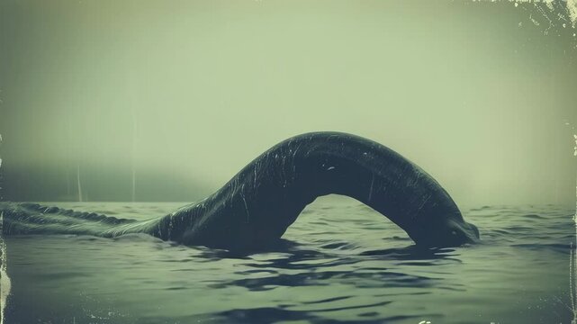 Old retro photo of loch ness creature. Underwater monster swim in lake. Vintage illustration art. Scary mysterious nessie dinosaur. Unreal myth animal. Legend of lochness reptile.