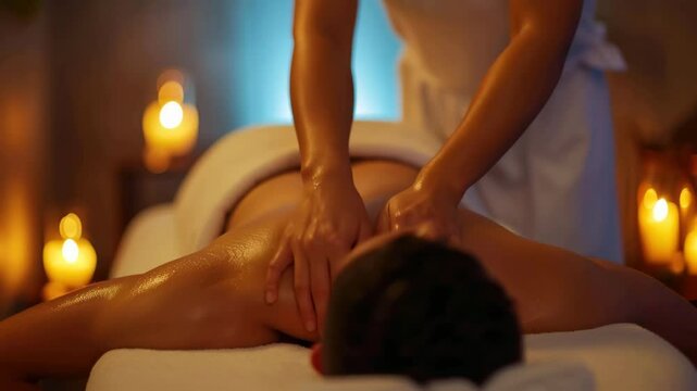 Relaxing body massage spa salon. Health care procedure. Professional masseur rubs back. Person lying on table in towel. Beauty therapy. People rest hotel resort. Medical treatment. Relaxing atmosphere