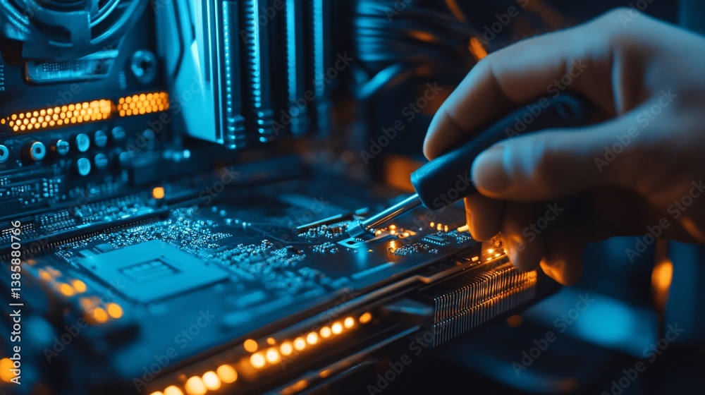 Poster Computer technician installing a modern powerful gaming cpu into motherboard with a screwdriver