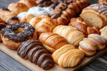 Fototapeta premium Abundance of Freshly Baked Pastries and Croissants Displayed on Wooden Board with Rich Colors and Textures