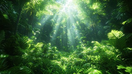 Obraz premium Sunbeams pierce dense jungle canopy, illuminating lush green foliage.
