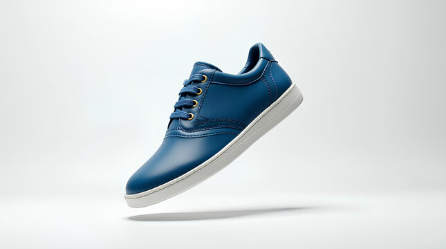 Flying blue sneaker on white background. Fashionable stylish leather sports casual shoes. Creative minimalistic footwear layout. 
