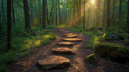 Fototapeta premium Sunlit stone path winding through a lush green forest.