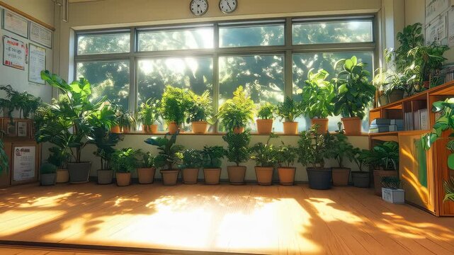 Manga and anime inspired classroom with lush plants filling the space and sunlight streaming through the windows creating a serene atmosphere