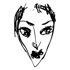 Human face. Hand drawn linear doodle rough sketch. Black and white silhouette.