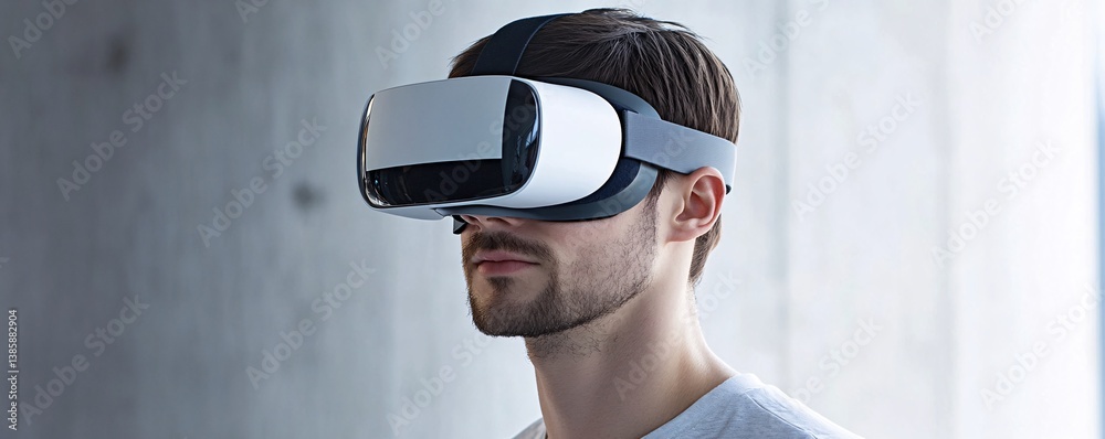 Poster young man is immersed in virtual reality with a vr headset