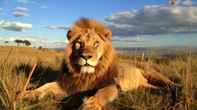 One adult Lion in zoological garden. Male Lion Sitting and rest after eating. Majestic African animal. Wild pride leo. Africa fauna. Big cat king. Savannah safari park trip. Beautiful handsome beast.