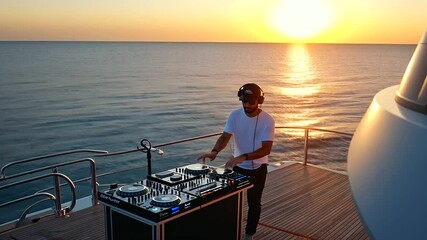 DJ spinning tracks at a yacht party with guests enjoying the evening
