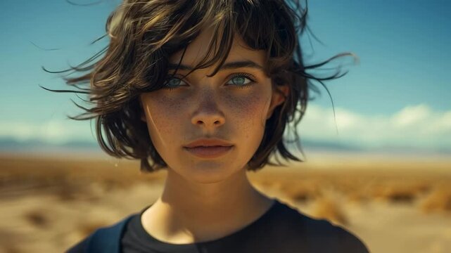 Beautiful brunette woman with short hair. Attractive girl portrait. Fashionable hairstyle. Stylish haircut. Natural beauty no makeup. Female person look camera and posing. Blue eyes. Desert background