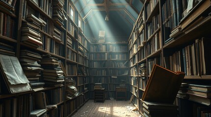 Obraz premium 8K natural color image of a dusty, disorganized book stack in a dark library. Cobwebs, torn pages, loose notes, and a small mouse curled up inside. Rich earthy tones, no text or logos.