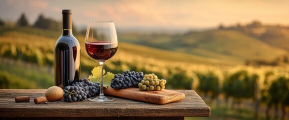 Red wine, grapes, and vineyard at sunset