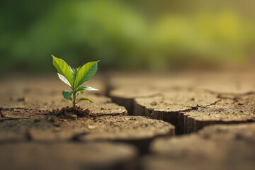 Young Green Plant Growing Through Dry, Cracked Soil Under Warm Sunlight – Generative AI