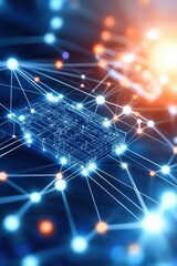 Obraz premium A digital illustration depicting a circuit board connected by glowing lines in a network, symbolizing technology and connectivity.