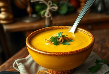 Italian Laksa Soup in a rustic bowl with fresh parsley and crispy shallots