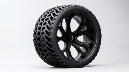 Obraz premium Futuristic Black Car Tire with Unique Tread Design and Alloy Wheel This image showcases a modern automotive wheel