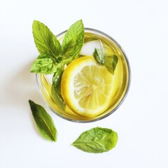 A refreshing iced green tea with lemon and mint leaves. Featuring relaxation and hydration