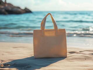 Serene beach scene featuring a reusable beige tote bag on the sand with turquoise ocean backdrop and clear sky creating a tranquil seaside vista