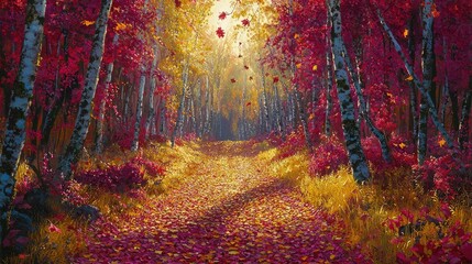 Fototapeta premium A tranquil autumn scene with golden leaves carpeting the forest floor, sunlight filtering through vibrant red canopies.