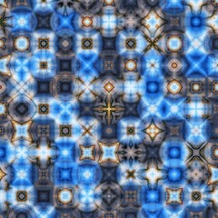 Pattern with Repeating Geometric and Circular Motifs in Blue, Gray, and Brown Tones, Creating a Tile-Like Mosaic Design.