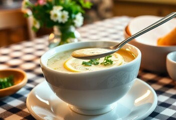 A steaming hot Avgolemono Soup served in a white ceramic bowl with a matching saucer on a warm and inviting kitchen table.
