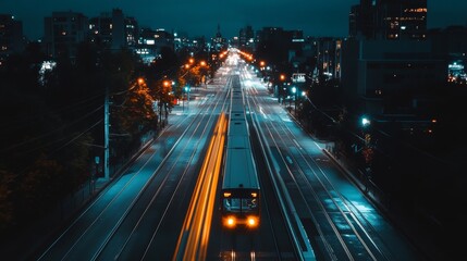 Obraz premium Moving City Tram at Night with Light Trails and Illuminated Street