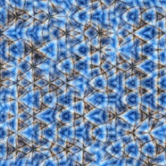 Kaleidoscopic Pattern with Repeating Geometric Shapes and Star Motifs in Blue, Gray, and Brown Tones, Creating a Symmetrical and Intricate Design.