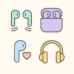 Flat pastel audio icons set with wireless earbuds, open charging case, earbud with heart symbol, and headphones. Minimalist style, soft colors, black outlines.