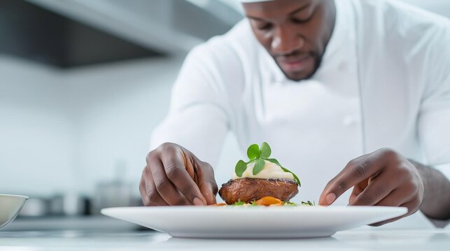Chef in a kitchen, wearing a white chef's uniform and a white cap. he is holding a white plate with a dish on it.