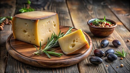 Mahon Cheese with Fresh Baguette and Olives, a wedge of Mahon cheese served with slices of fresh baguette, olives, and sprigs of rosemary on a wooden platter with natural lighting